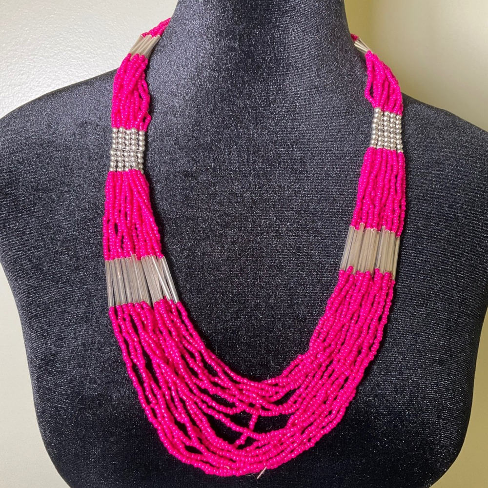 Hot Pink Multi Strand Seed Bead Necklace Silver Tone Accents Statement Jewelry‎